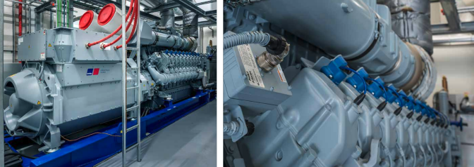 Teollinen mtu-kaasumoottori laitoksen sisällä ja lähikuva mtu-moottorin osista.