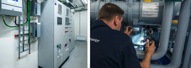 Teknikko tarkastaa ohjauspaneeleita laitoksen sisällä.