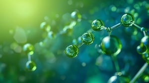 Vihreä molekyylirakenne, joka kuvaa uusiutuvaa energiaa.