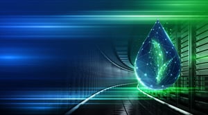 Digitaalinen pisara, jossa on vihreä energiasymboli palvelintelineiden yllä.