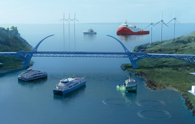 Kuvituskuva lautoista ja veneistä, jotka kulkevat punaisen riippusillan alla. Kuvituskuva lautoista ja veneistä, jotka kulkevat punaisen riippusillan alla.