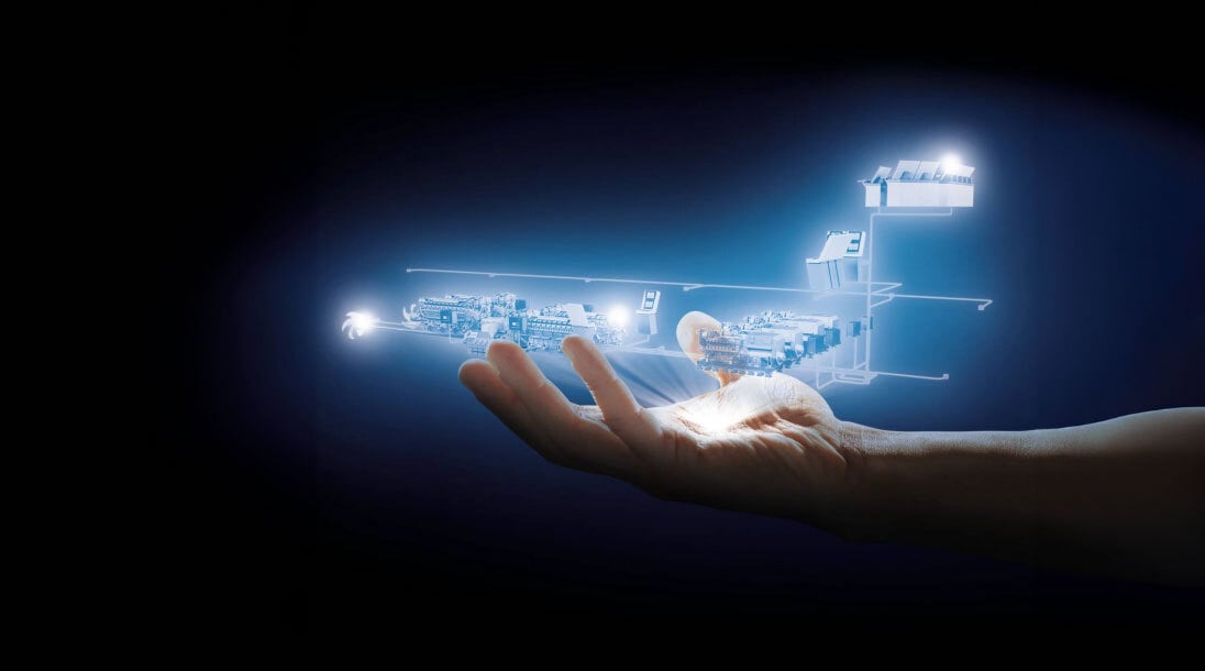 Digitaalinen hologrammi aluksen kaaviosta leijuu käden yläpuolella. Digitaalinen hologrammi aluksen kaaviosta leijuu käden yläpuolella.